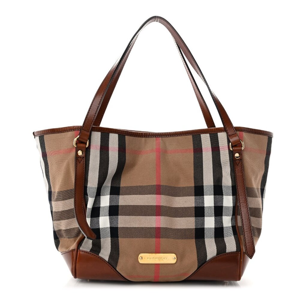 AUTHENTIC BURBERRY Plaid Canvas & Brown Leather Tote Bag